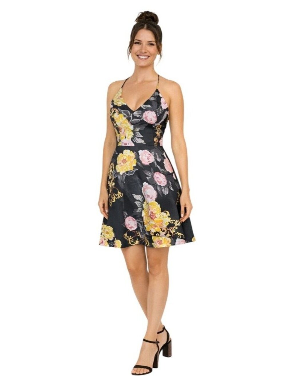 New BCX Floral Halter-Neck Size 3 Fit & Flare Dress Black/Yellow/Pink Polyester